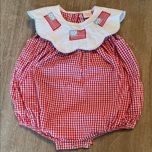 Smocked Red Gingham Baby One-Piece with Flag Collar